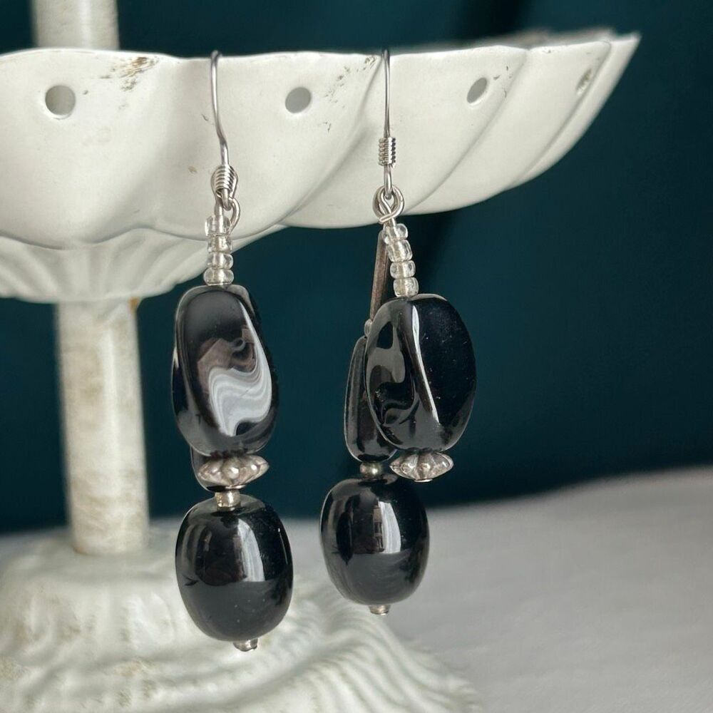 Handmade Repurposed Vintage Black Bead Dangle Earrings